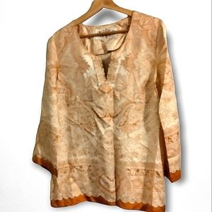 Robert Graham Silky Print Top Shirt V Neck Brown Off White Slits Butterfly